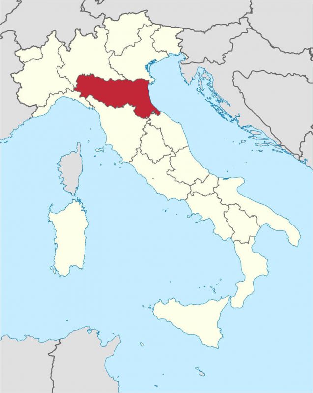 Vùng Emilia-Romagna trên bản đồ, giáp Tuscany ở phía nam, Lombardy và Veneto ở phía bắc, và biển Adriatic ở phía đông