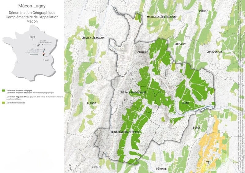 Vùng làm vang Mâcon-Lugny nằm ở trung tâm Mâconnais trên bản đồ