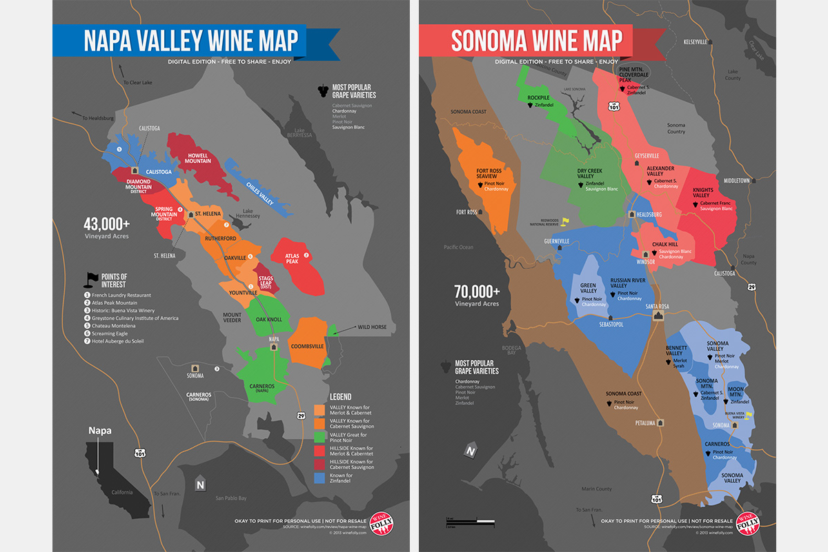 Napa Valley và Sonoma trên bản đồ vang California