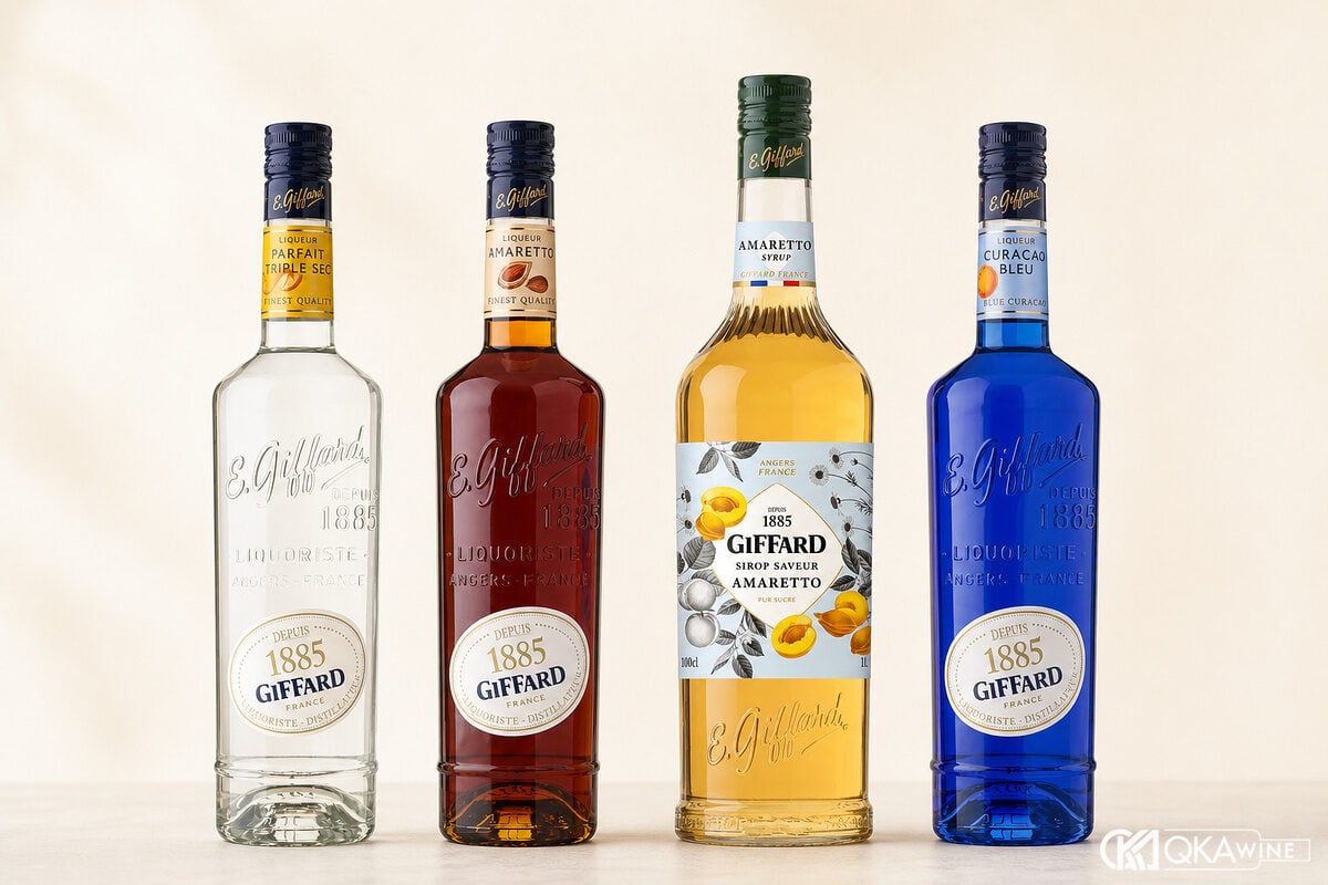 Bốn sản phẩm Giffard có nhãn giá và loại syrup liqueur