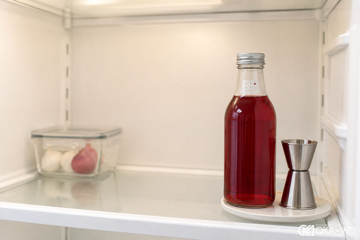 Chai Grenadine đậy kín có nhãn ngày mở trong tủ mát