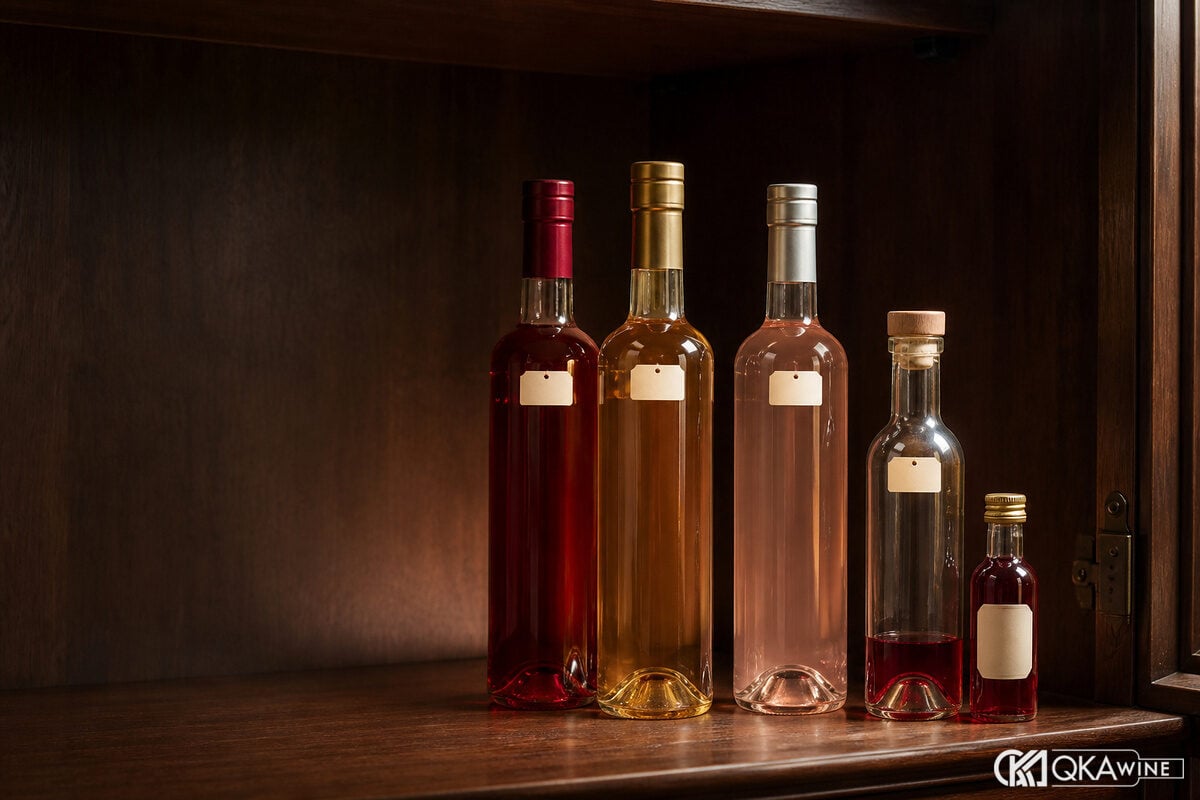 Chai raspberry peach lychee liqueur trong tủ tối