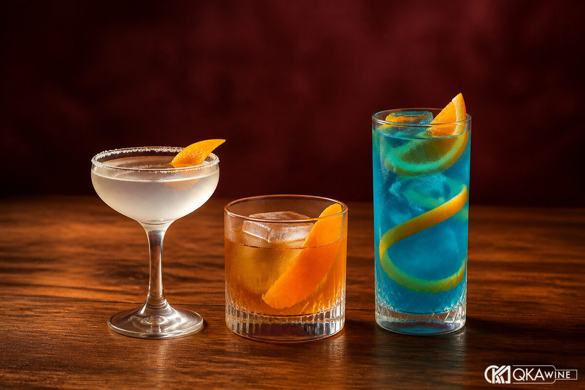 Bols Triple Sec Dry Orange Curaçao và Blue Curaçao cạnh vỏ cam