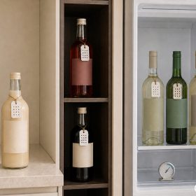 Các chai liqueur kem trái cây cà phê và Vermouth được phân khu