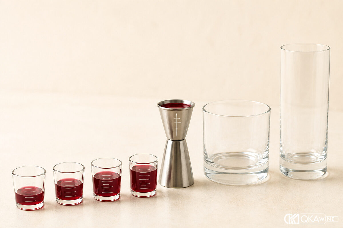 Jigger chứa Grenadine bên cạnh ly highball và ly rocks