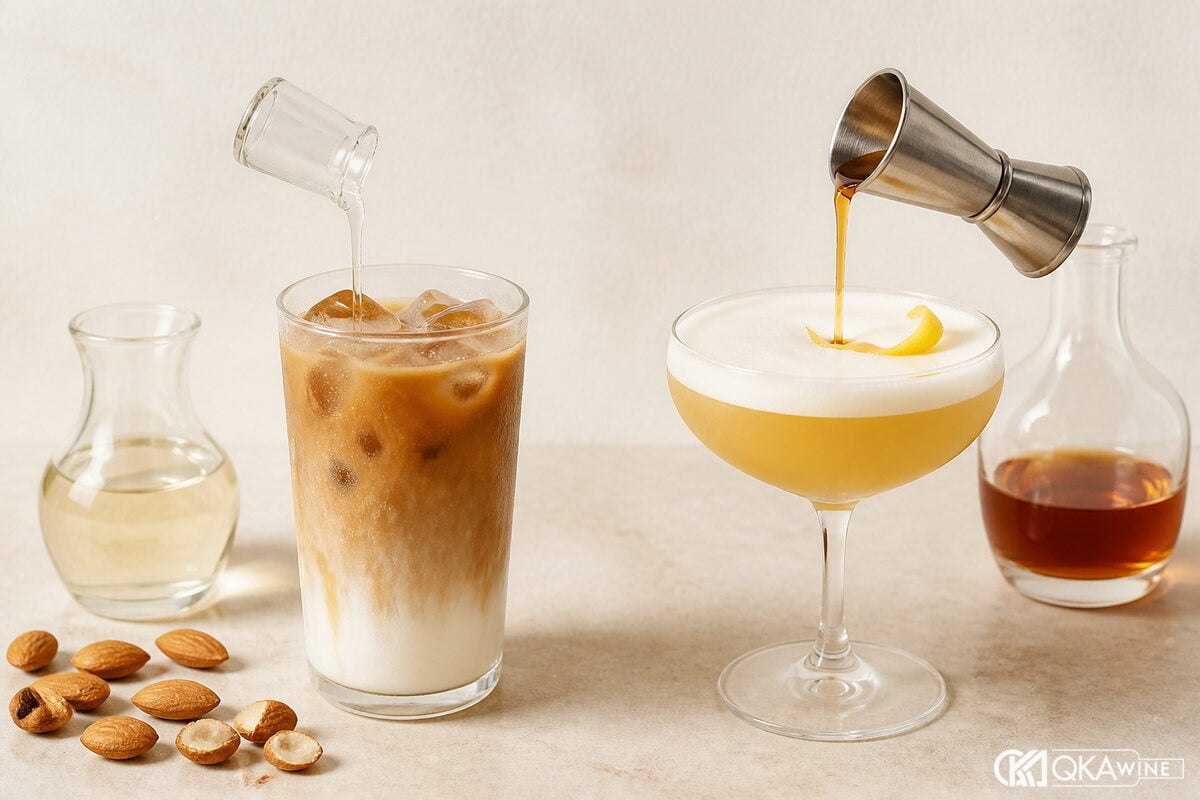 Giffard Amaretto Syrup và Amaretto Liqueur đặt cạnh nhau