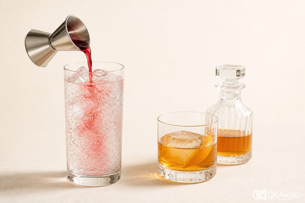 Chai Monin cùng jigger đường và ly cocktail
