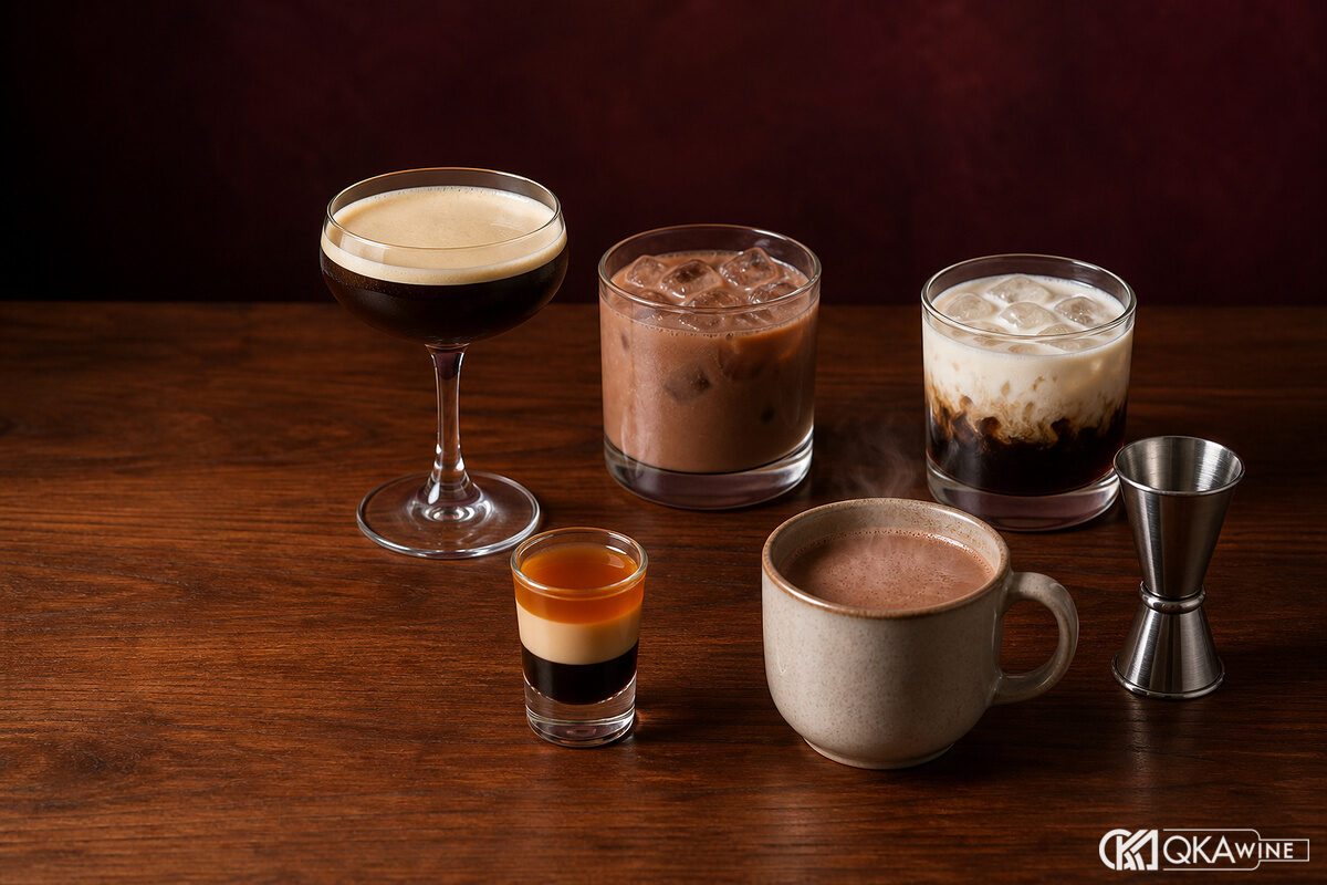 Năm ly cocktail Baileys gồm Espresso Martini B52 và Mudslide