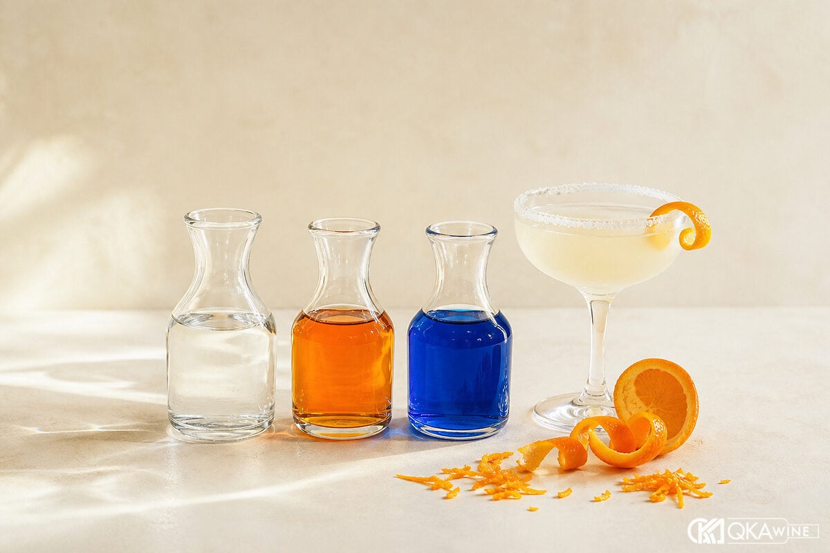 Triple sec Curaçao và Blue Curaçao cạnh vỏ cam