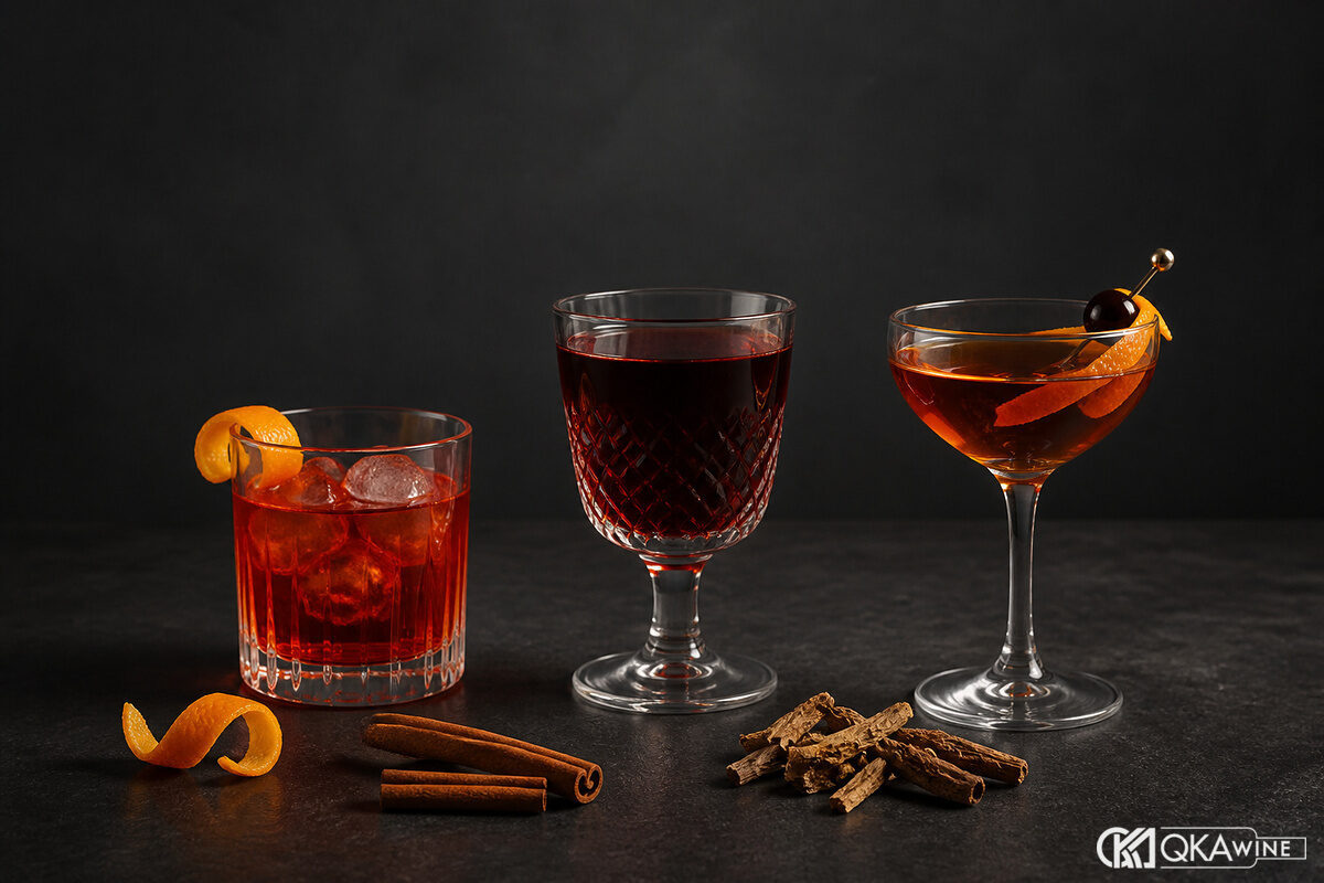 Rosso Vermouth cạnh cocktail Negroni và Manhattan màu hổ phách