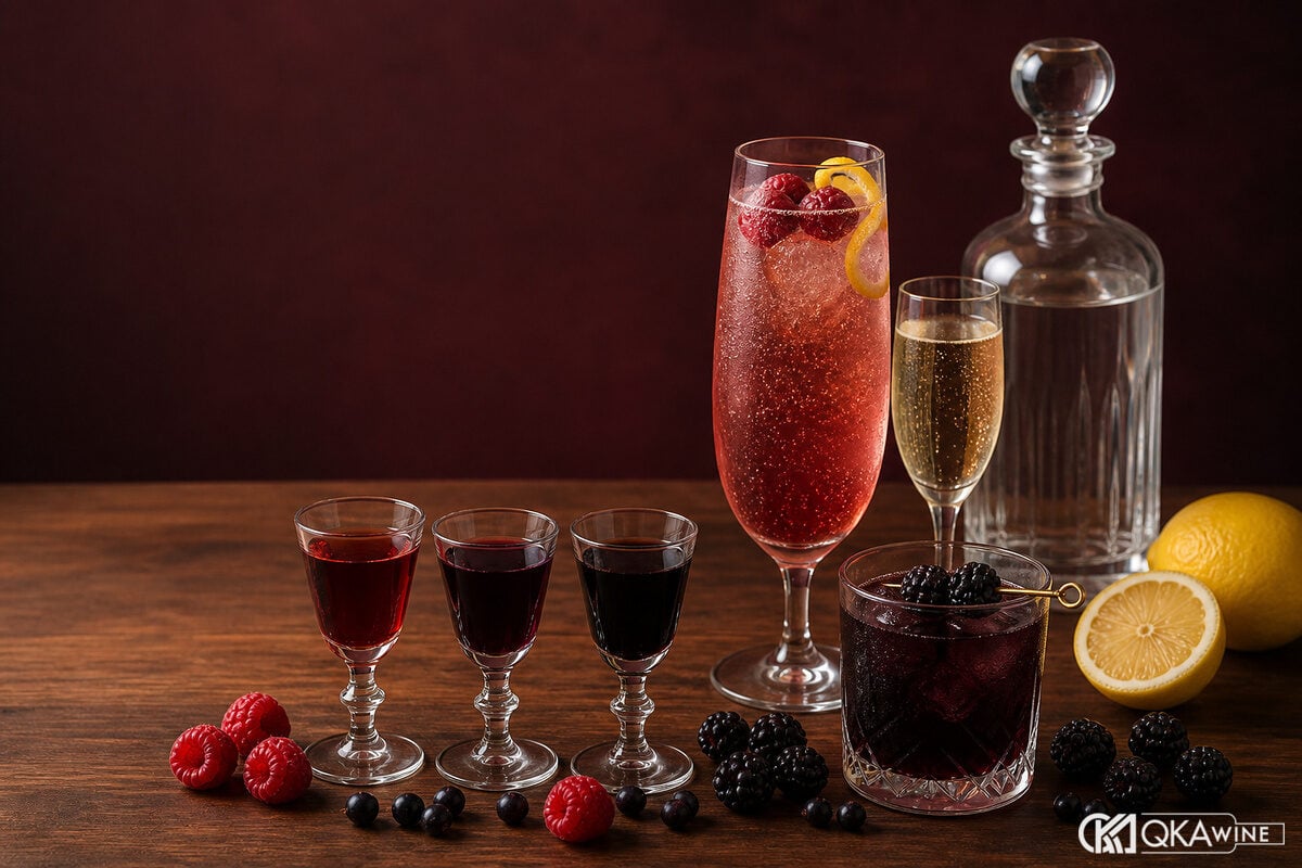 Raspberry liqueur cassis và cocktail berry cạnh quả mọng