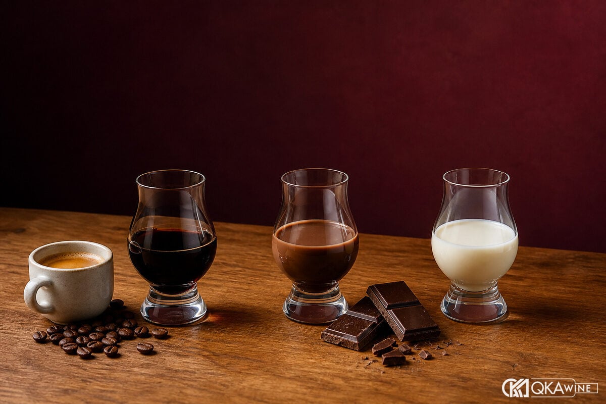 Coffee liqueur cacao nâu cacao trắng cạnh espresso và chocolate