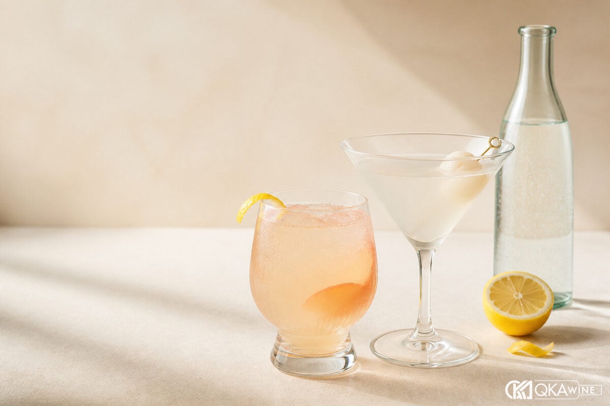 Peach và Lychee liqueur cạnh cocktail màu sáng
