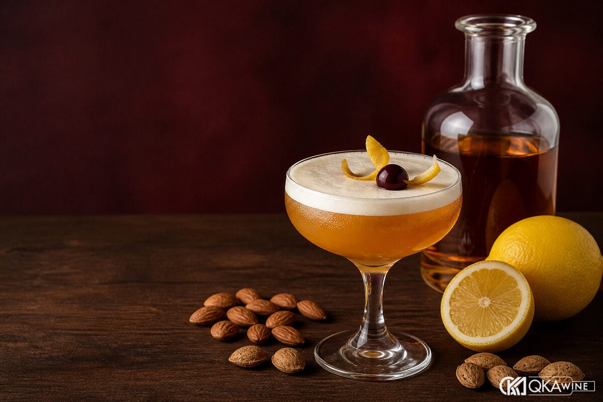 Amaretto cạnh hạnh nhân hạt mơ và ly Sour