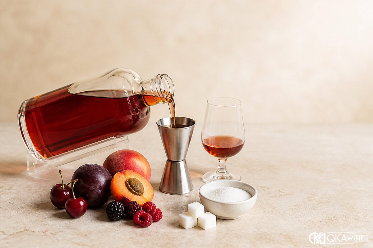 Chai liqueur trái cây cạnh quả tươi và jigger