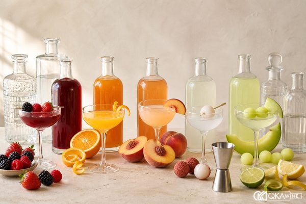 Các cocktail berry cam đào vải và dưa trên quầy