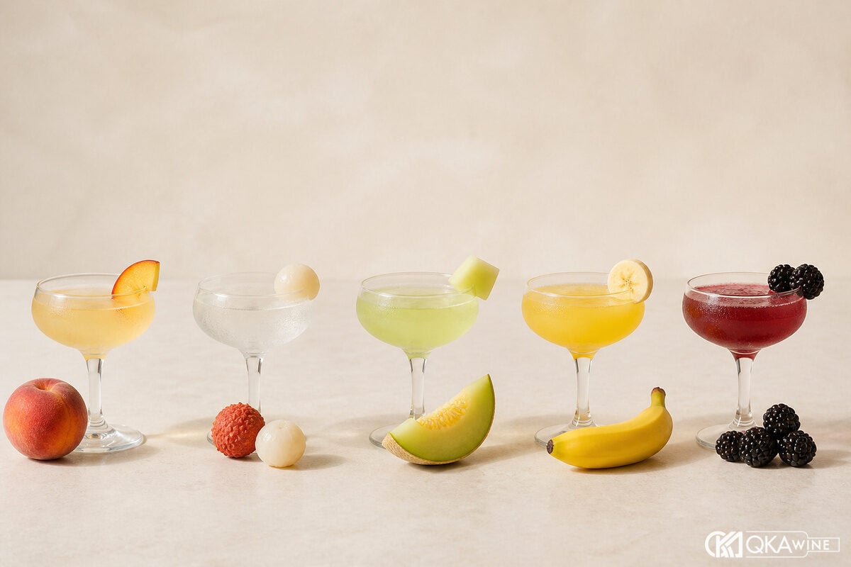 Raspberry lychee peach melon liqueur cạnh quả tương ứng