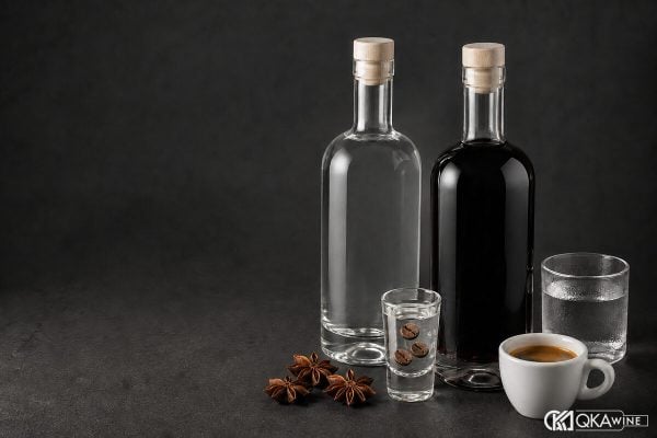 Ly Sambuca trong cạnh hoa hồi và ba hạt cà phê