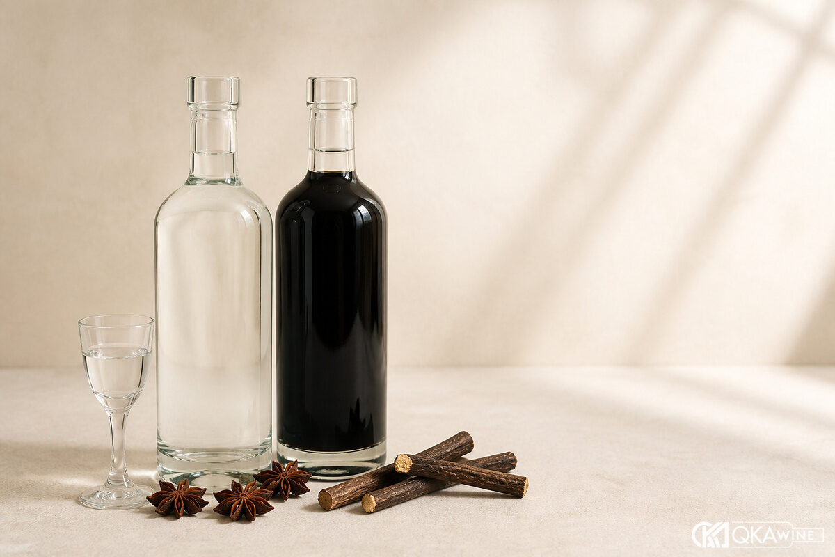 Chai Sambuca cùng hoa hồi thảo mộc và ly nhỏ