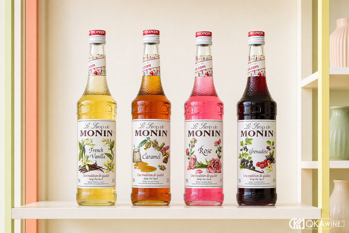 Bốn chai Monin cùng Giffard Amaretto và Bols Grenadine