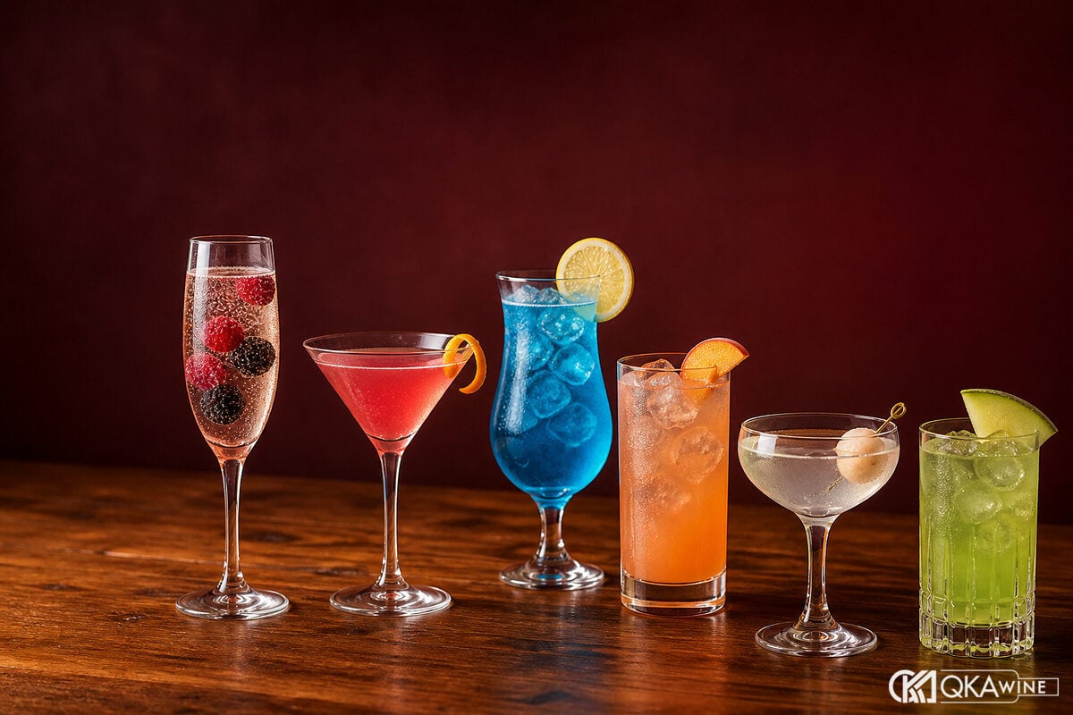 Sáu cocktail berry cam đào vải dưa với màu sắc khác nhau