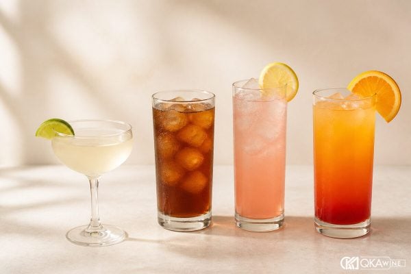 Bốn chai Monin Vanilla Caramel Rose và Grenadine cạnh cocktail