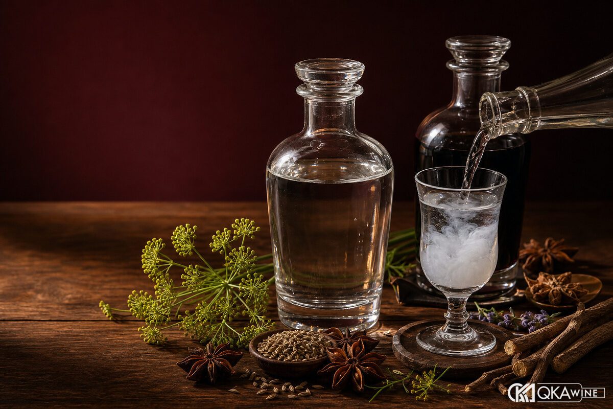 Hoa hồi cam thảo gia vị cạnh Sambuca trắng và đen