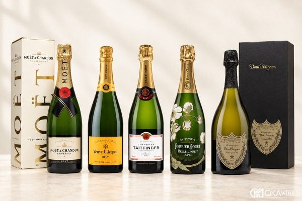 Năm chai Champagne Moët, Veuve Clicquot, Taittinger, Perrier-Jouët và Dom Pérignon