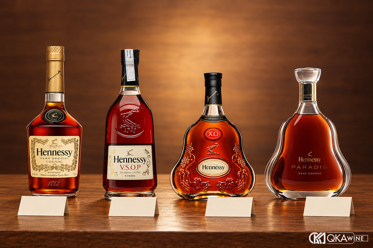 Chai Hennessy cạnh thẻ giá trên mặt bàn gỗ