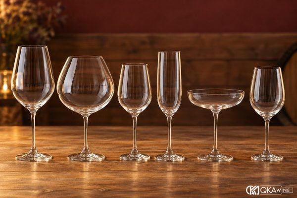 Sáu dáng ly rượu vang trong suốt trên bàn gỗ ngược sáng