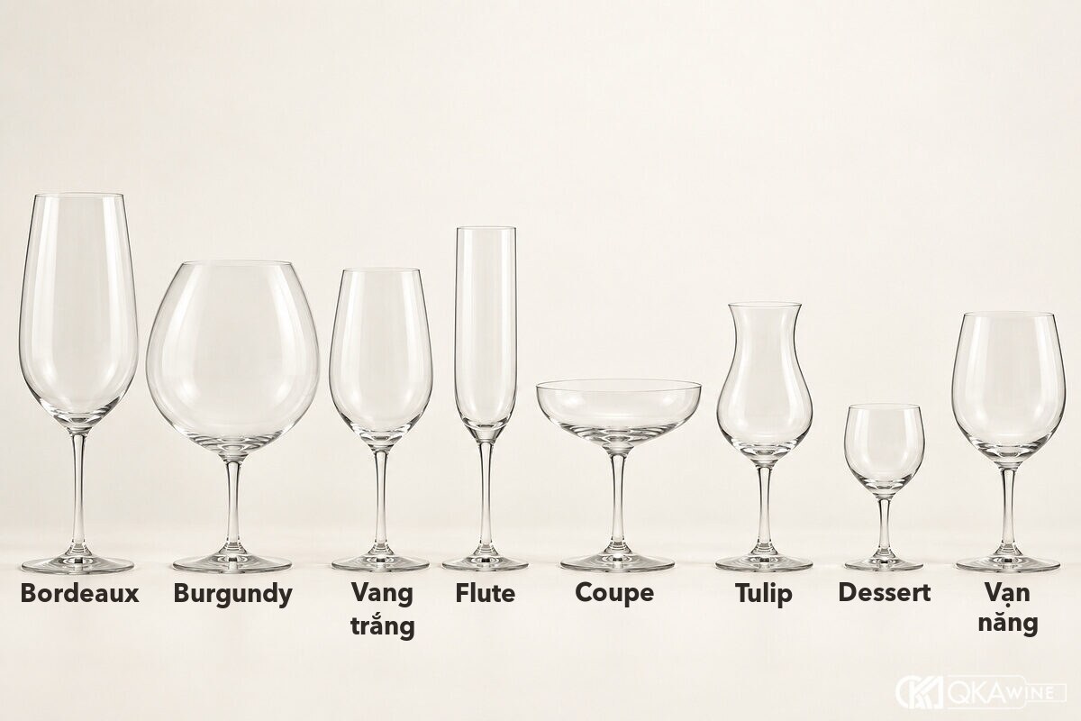 Tám dáng ly vang có ghi tên: Bordeaux, Burgundy, vang trắng, flute, coupe, tulip, dessert và vạn năng