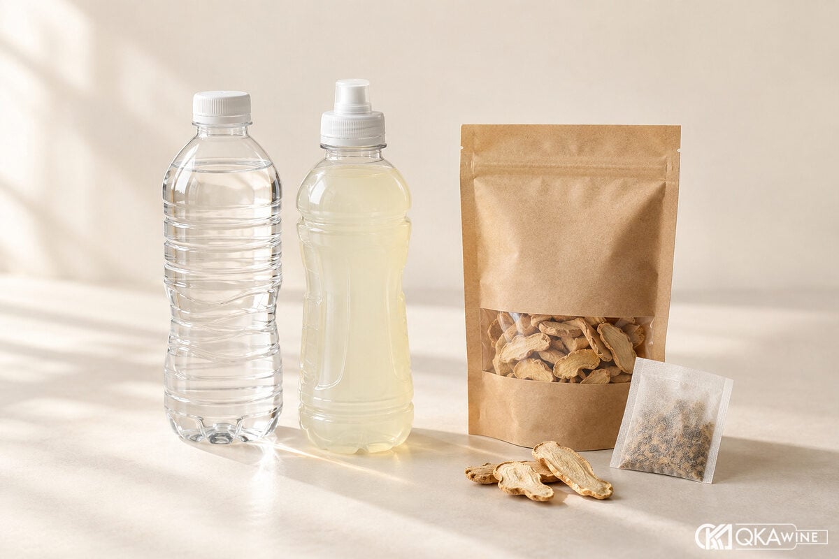 Chai nước lọc, nước điện giải và gói trà gừng không nhãn trên bàn