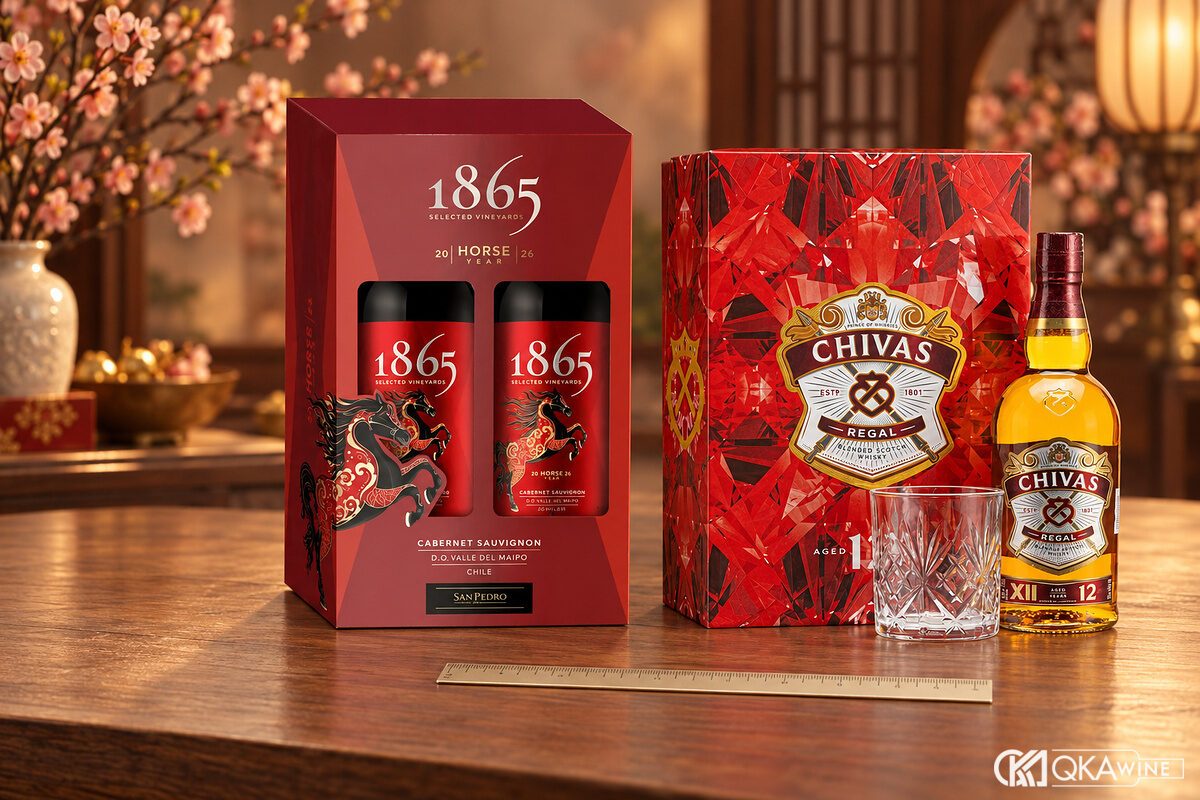 Hộp đôi vang đỏ đặt cạnh hộp Chivas màu đỏ