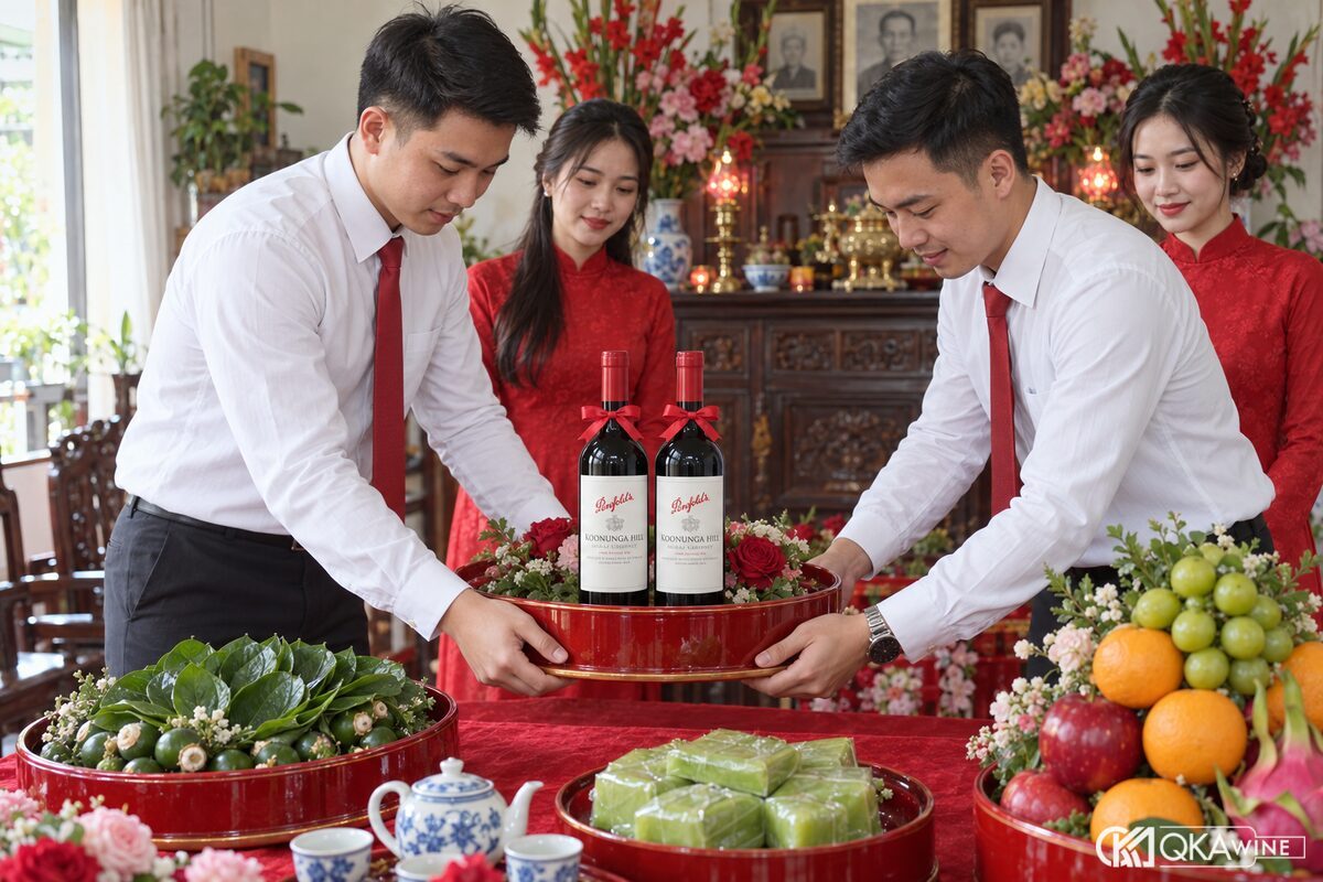 Đội bê tráp đặt tráp cặp rượu vang Penfolds Koonunga Hill trong lễ ăn hỏi