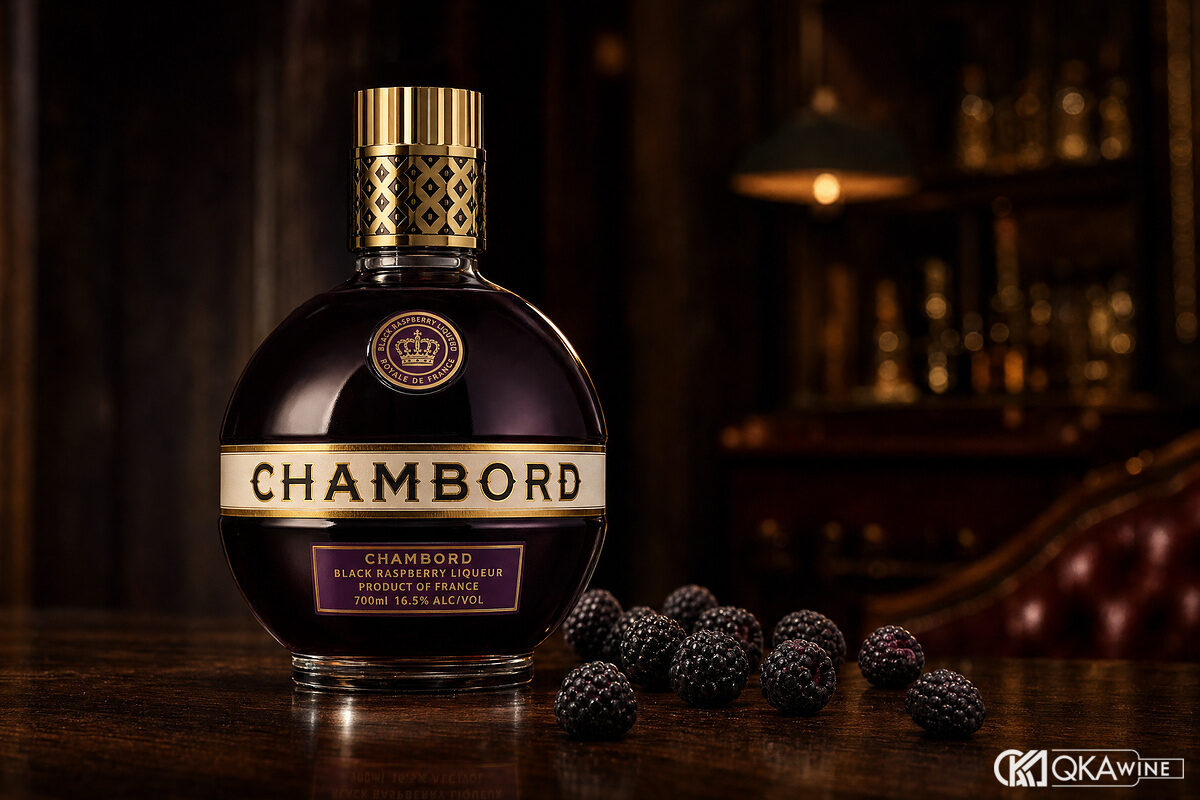Chai Chambord Black Raspberry Liqueur với quả mâm xôi đen