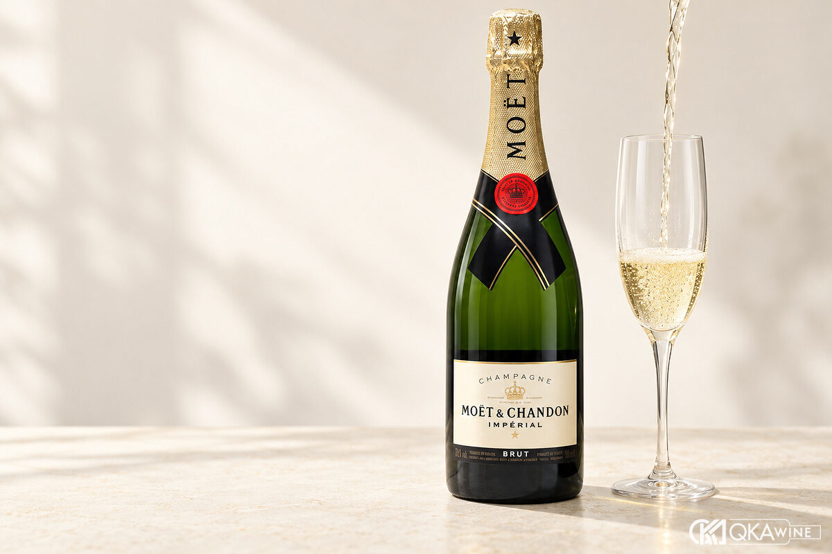 Chai Moët Chandon Brut cạnh ly flute đang được rót một lượng nhỏ