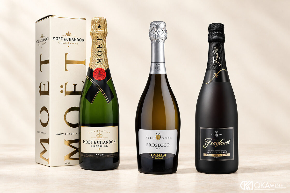 Nhãn Champagne, Prosecco và Cava trên ba chai vang sủi