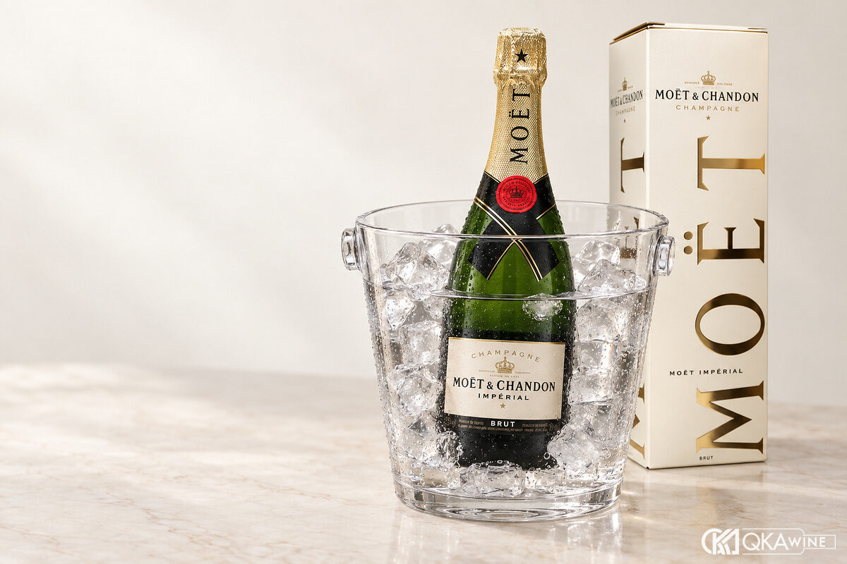 Chai Champagne trong xô có nước và đá đặt trên bàn tránh nắng