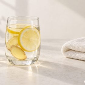 Ly nước chanh gừng và khăn sạch trên bàn buổi sáng