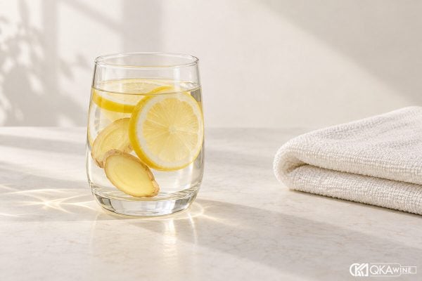 Ly nước chanh gừng và khăn sạch trên bàn buổi sáng