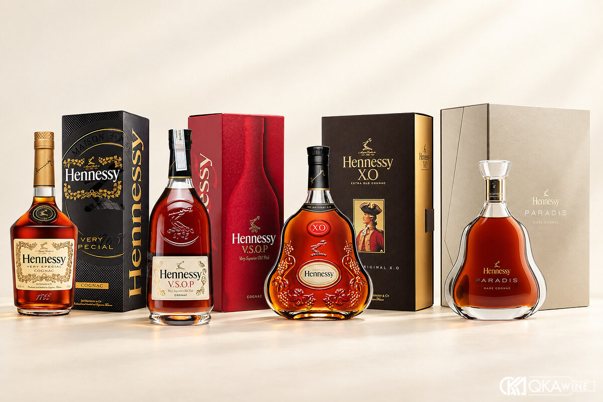 Bốn chai Hennessy VS, VSOP, XO và Paradis đặt cạnh nhau
