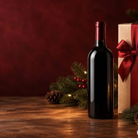 Chai vang đỏ bên hộp quà nơ đỏ và cành thông Noel