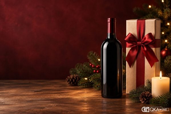 Chai vang đỏ bên hộp quà nơ đỏ và cành thông Noel
