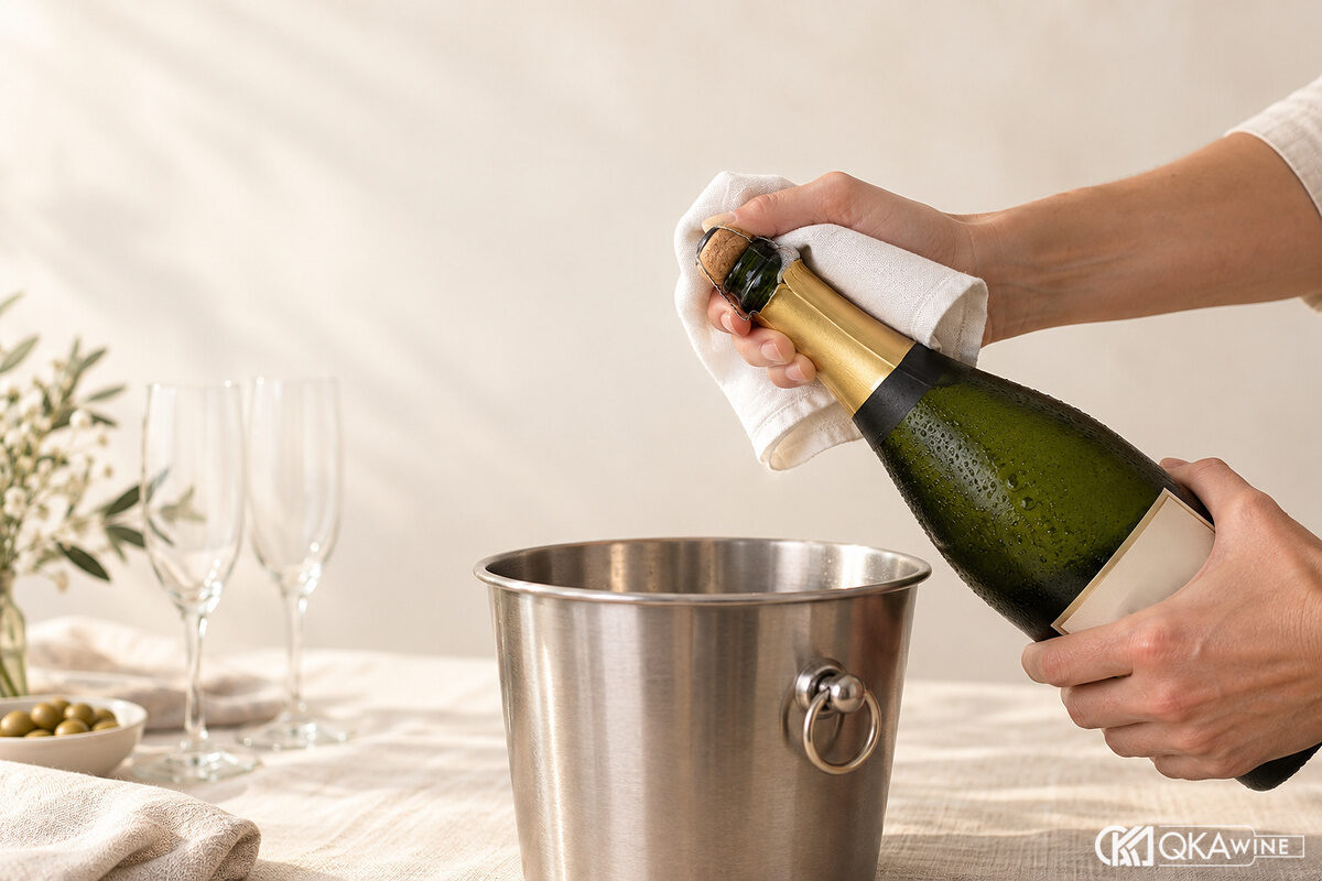 Người trưởng thành mở vang sủi có khăn giữ nút và xô hứng bên dưới