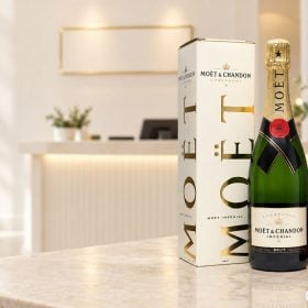 Chai champagne thắt ruy băng đỏ trước biển hiệu cửa hàng mới