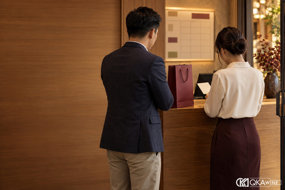 Hai người trưởng thành trao túi quà cạnh khu vực đón khách
