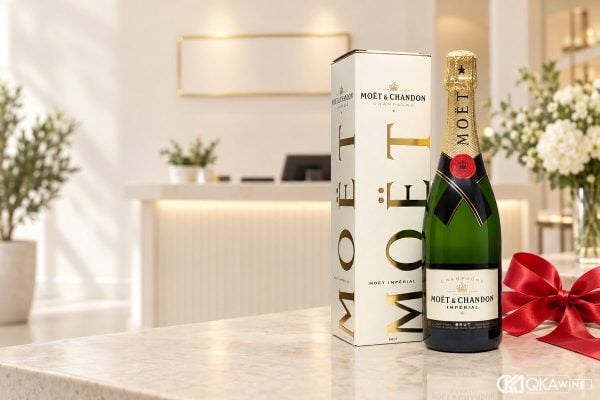 Chai champagne thắt ruy băng đỏ trước biển hiệu cửa hàng mới