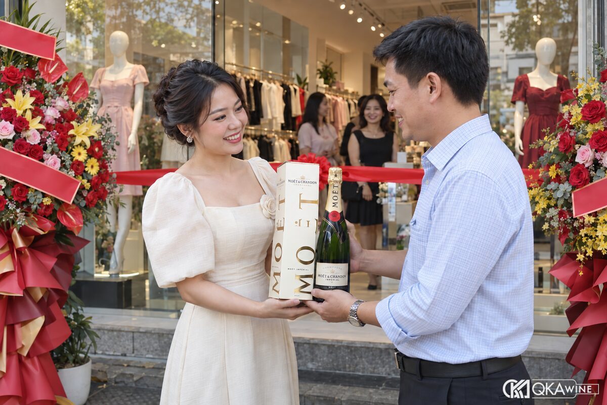 Chủ cửa hàng thời trang nhận hộp champagne Moët & Chandon trong buổi khai trương