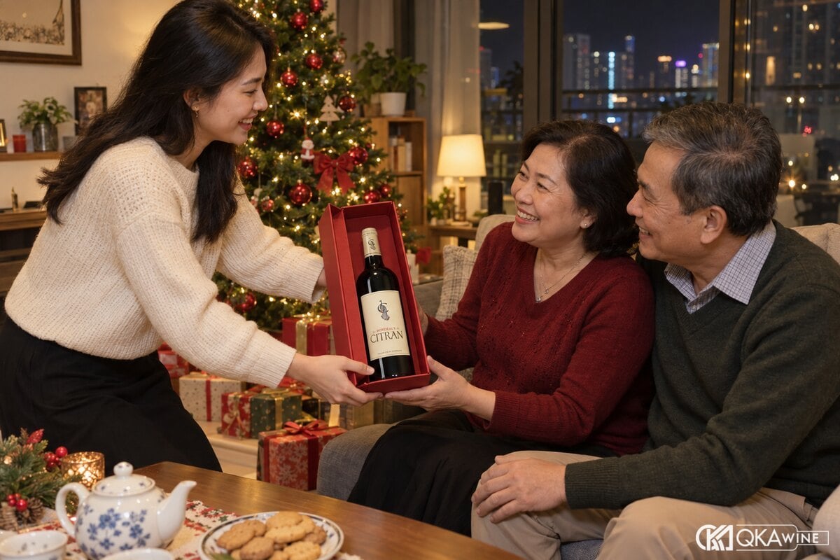Con gái tặng bố mẹ hộp quà vang Le Bordeaux de Citran Rouge bên cây thông Noel