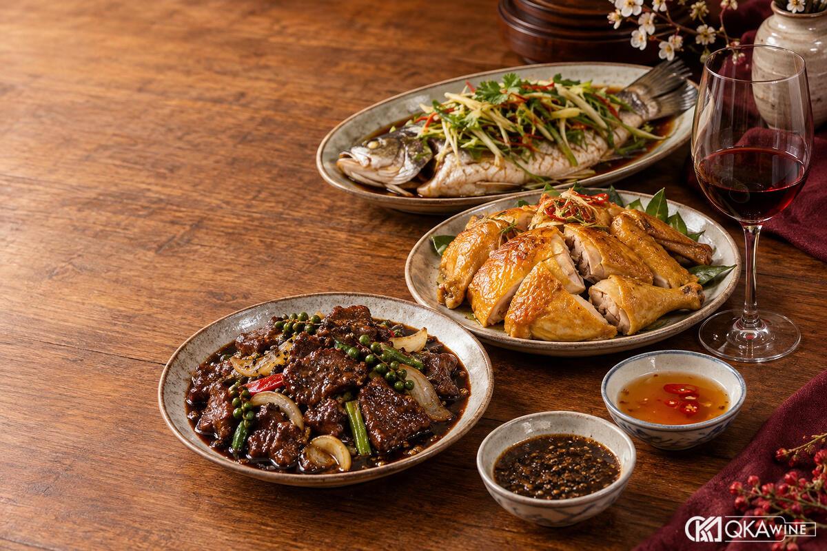 Món cỗ Việt Nam đặt cạnh ly vang đỏ trên bàn